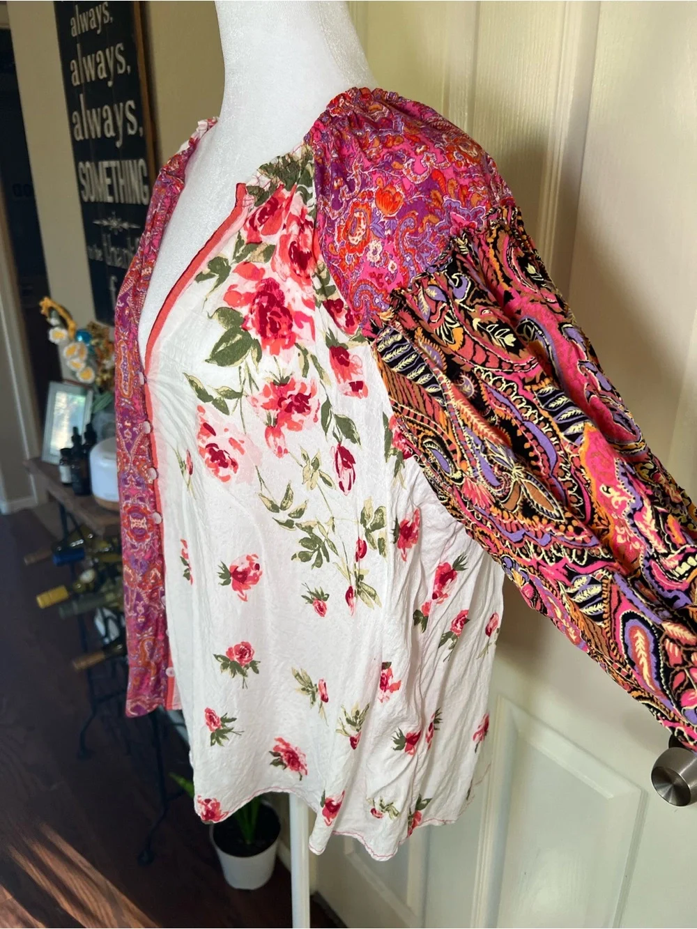 Free People Gemini Patchwork Floral Paisley Blouse Pink Boho Size L